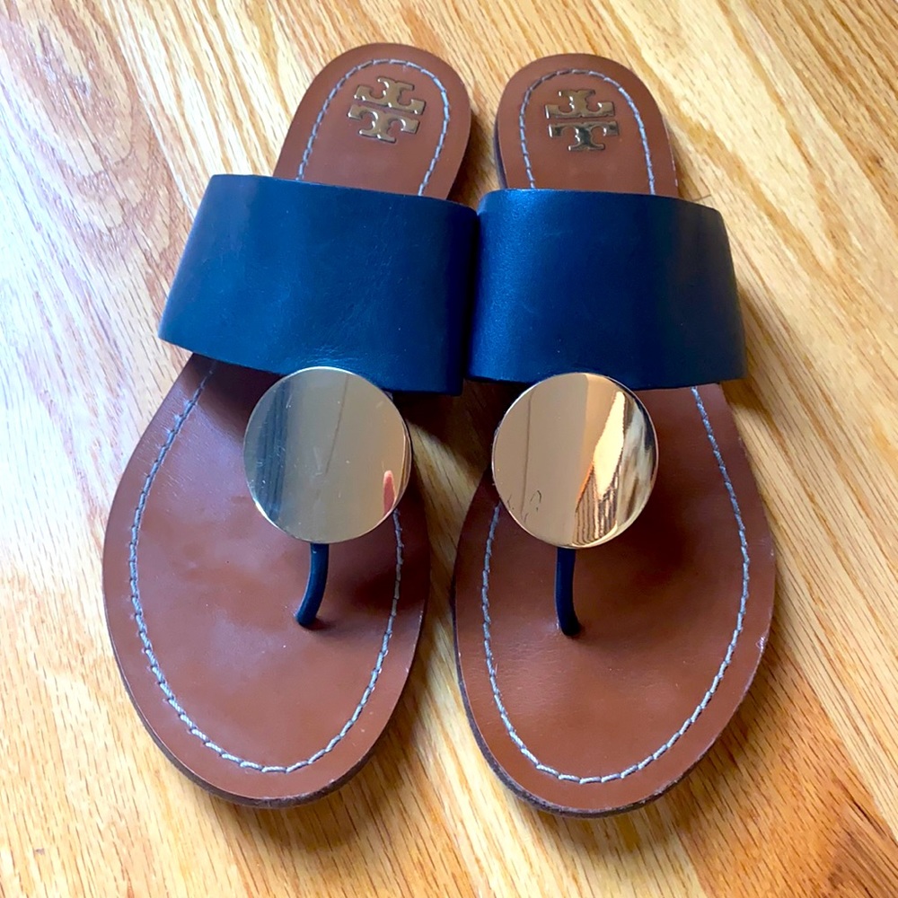 Tory Burch Patos Disc Sandals, Navy Leather Gold